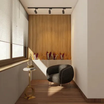 Contemporary Balcony Design With Wooden Flooring And Accent Wall